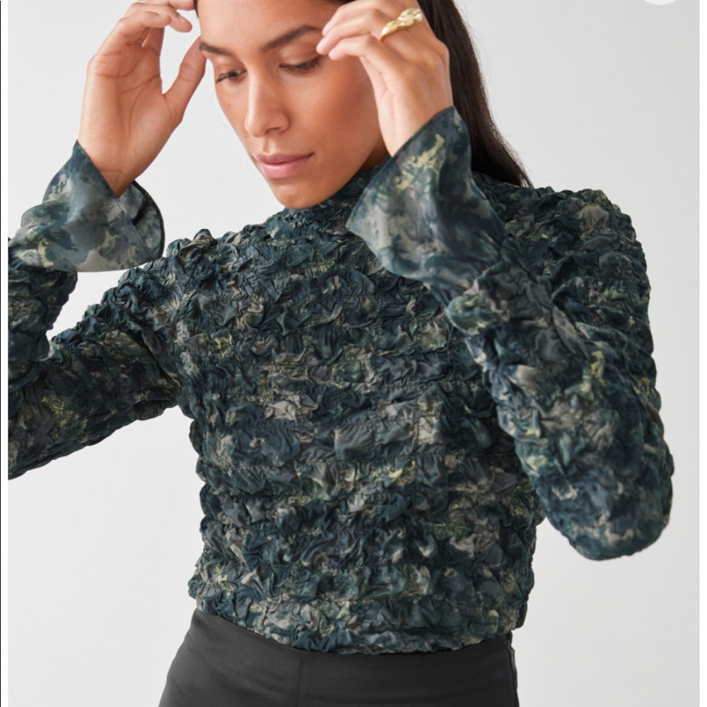 NWT & Other Stories Smocked Green Abstract Blouse
